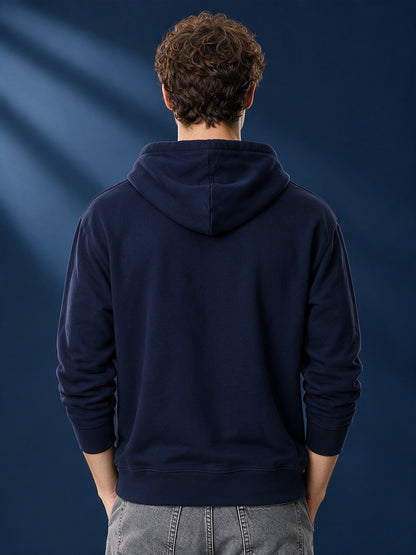 Leotude Navy Blue American Flag Graphic Printed Hooded Sweatshirt for Men