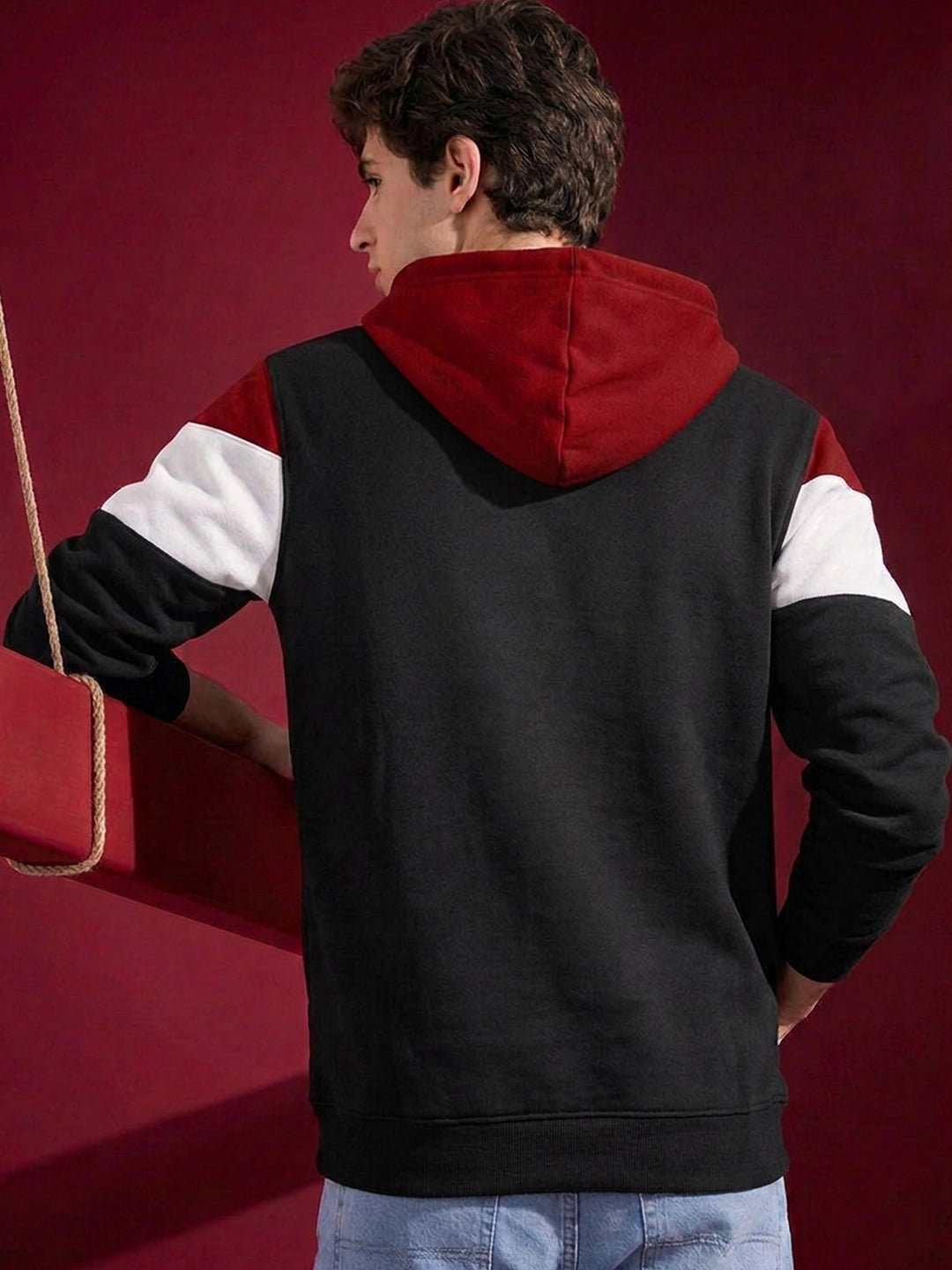 Leotude Maroon White and Black Colorblock Hooded Sweatshirt for Men