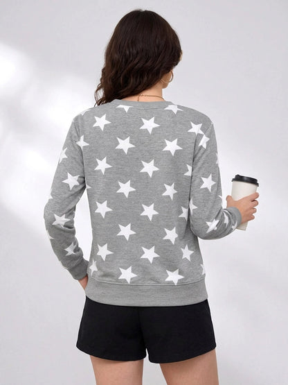 Leotude Women's Grey Melange All-Over Star Printed Sweatshirt
