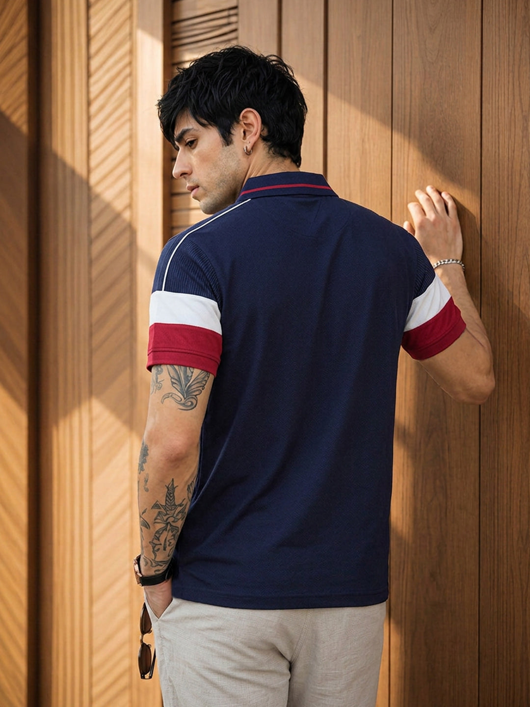 Leotude Men's Navy Blue Contrast Piping Polo T-Shirt