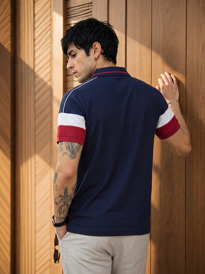 Leotude Men's Navy Blue Contrast Piping Polo T-Shirt