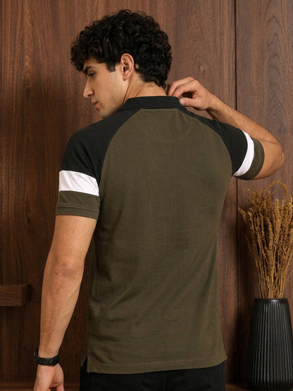 Leotude Men's Olive Black Colour Block Polo T-Shirt