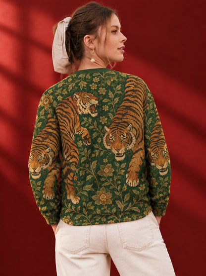Leotude Women's Green Royal Tiger Print Oversized Full Sleeve T-Shirt
