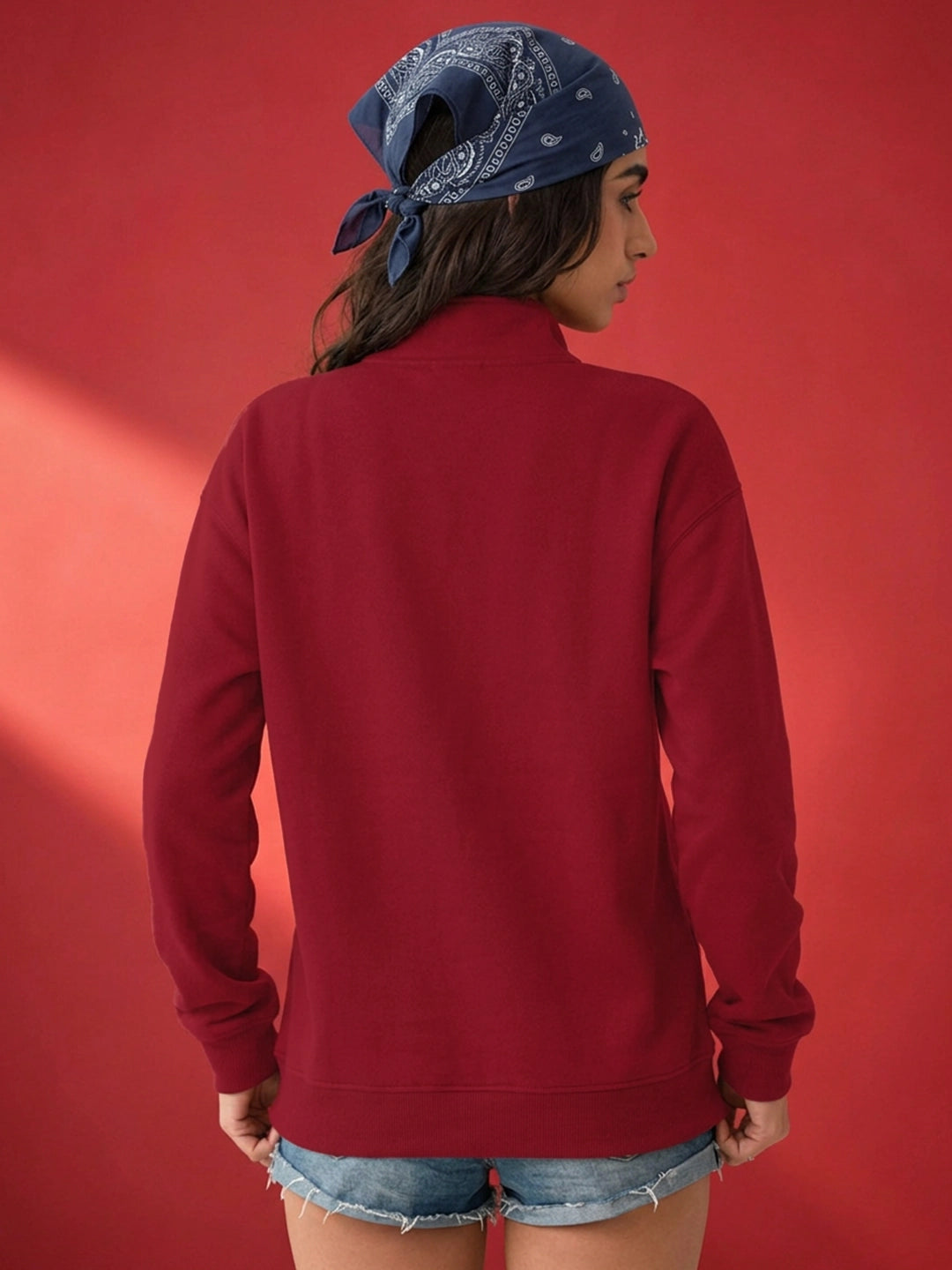 Leotude Women's Solid Maroon Half-Zip High Neck Sweatshirt