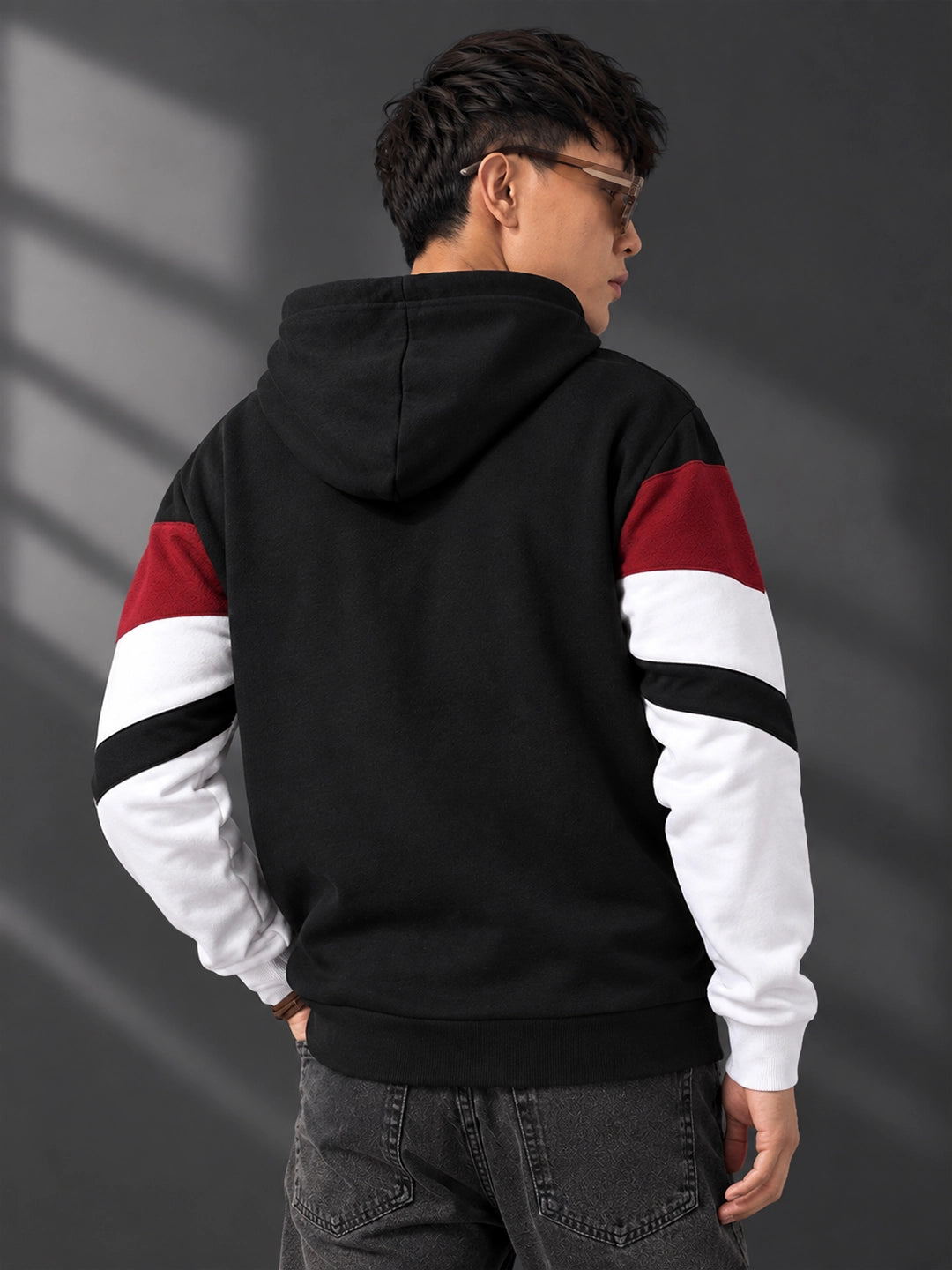 Leotude Black Maroon and White Colorblock Hooded Sweatshirt for Men