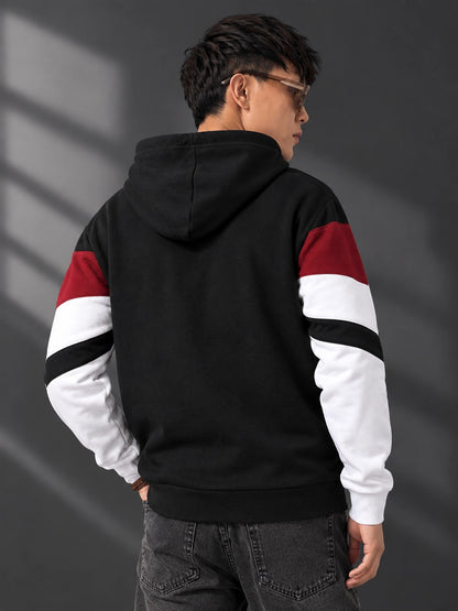Leotude Black Maroon and White Colorblock Hooded Sweatshirt for Men