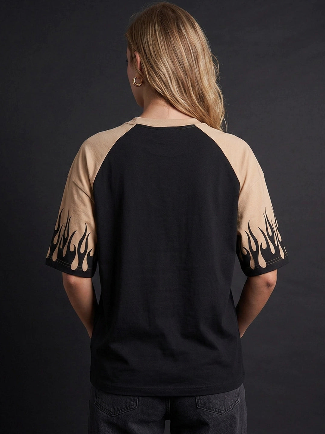 Leotude Women's Black Flame Raglan Oversized T-Shirt