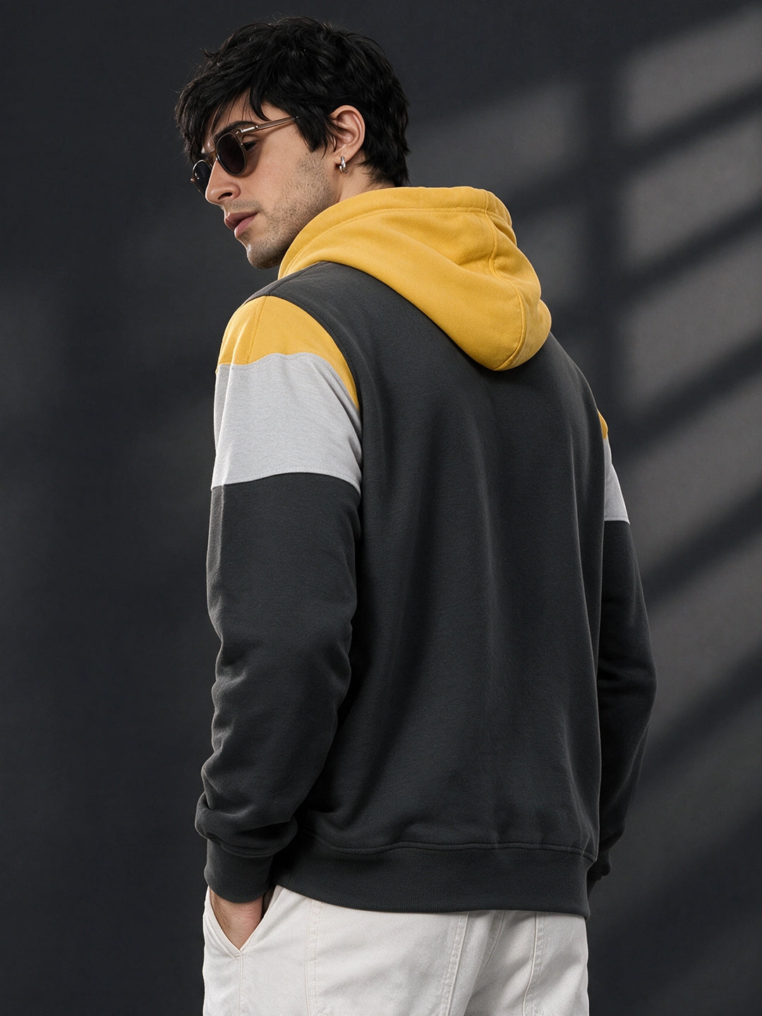 Leotude Yellow Grey and Anthracite Colorblock Hooded Sweatshirt for Men