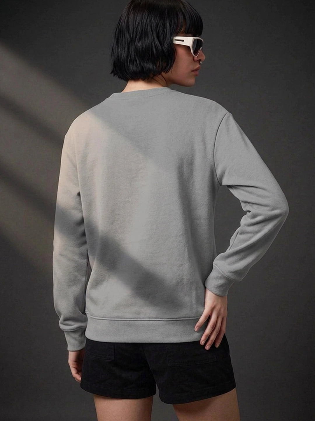 Leotude Women's Solid Grey Round Neck Sweatshirt