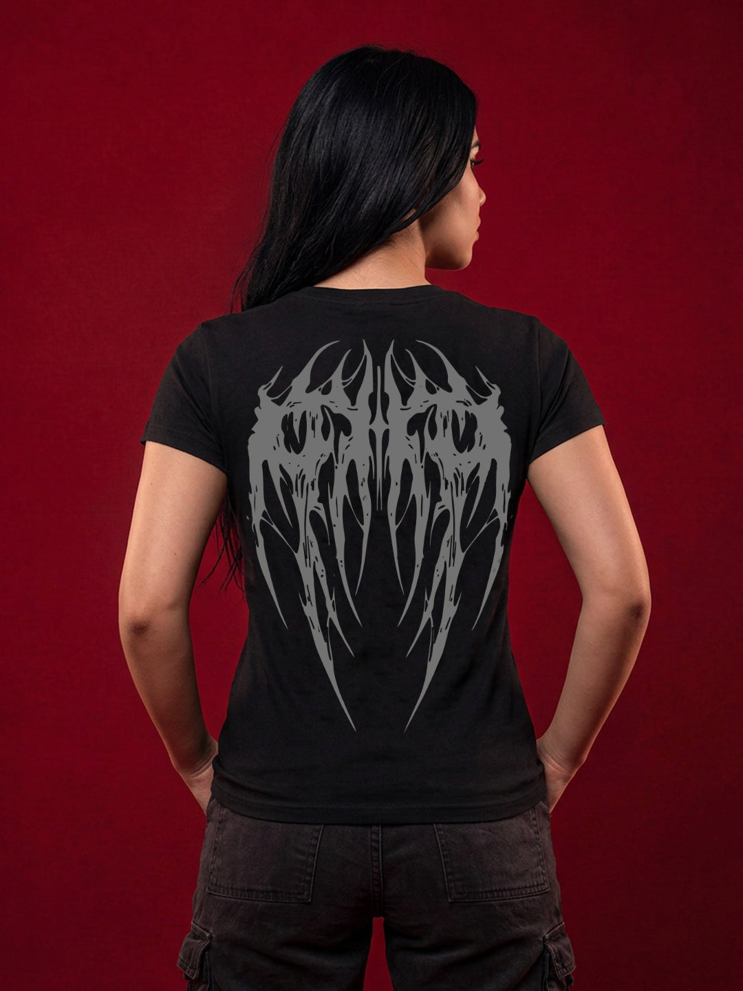 Leotude Women's Black Gothic Wings Printed T-Shirt