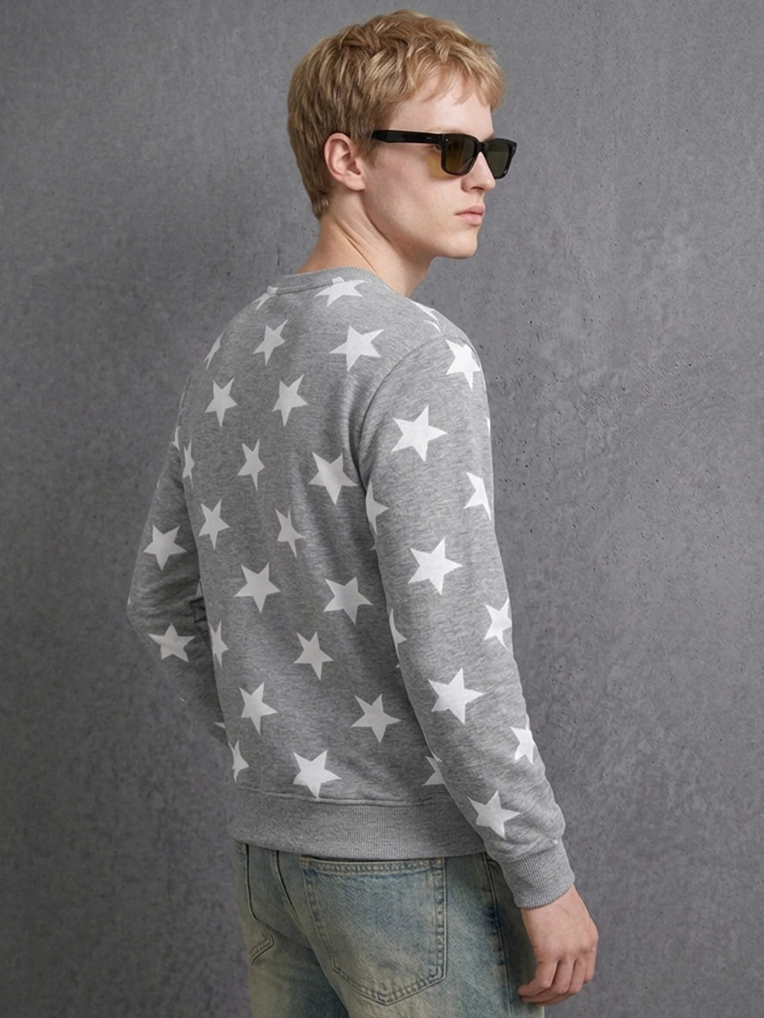 Leotude Men's Grey Melange All-Over Star Printed Sweatshirt