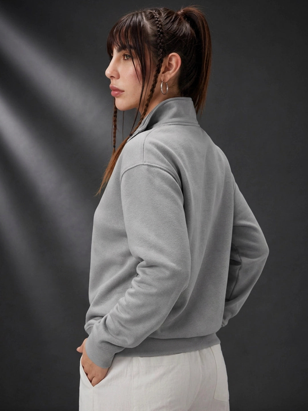 Leotude Women's Solid Grey Half-Zip High Neck Sweatshirt
