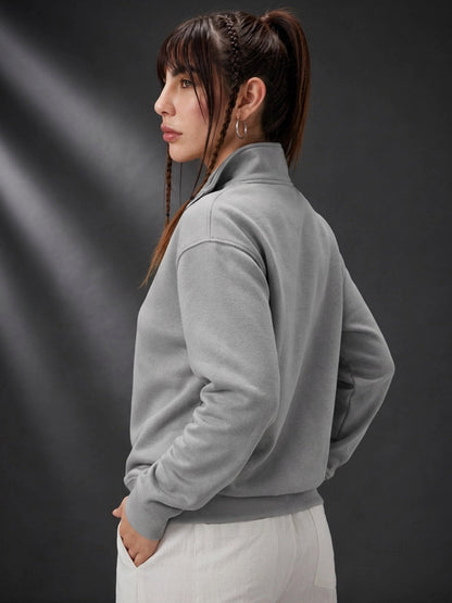 Leotude Women's Solid Grey Half-Zip High Neck Sweatshirt