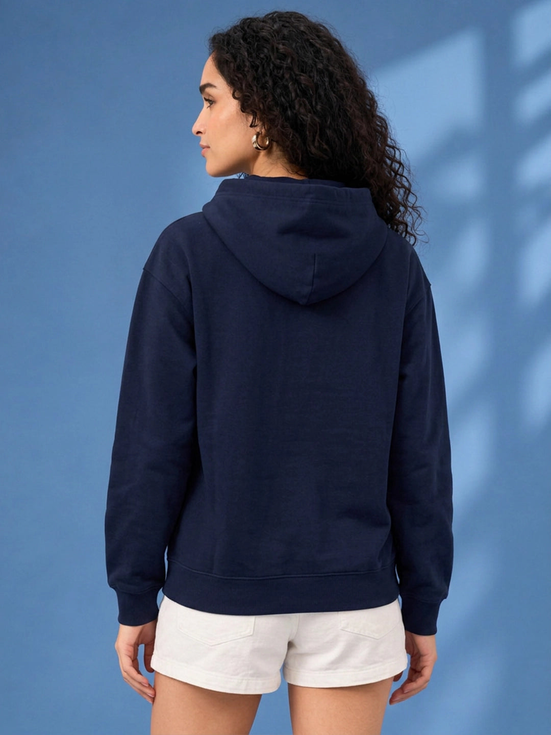 Leotude Women's Navy Blue Solid Hooded Sweatshirt