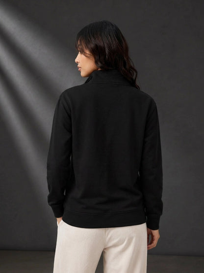 Leotude Women's Solid Black Half-Zip High Neck Sweatshirt