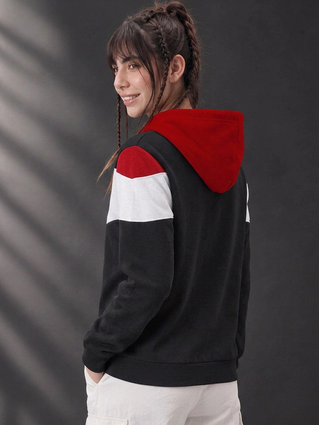 Leotude Women's Maroon, White & Black Colourblocked Hooded Sweatshirt