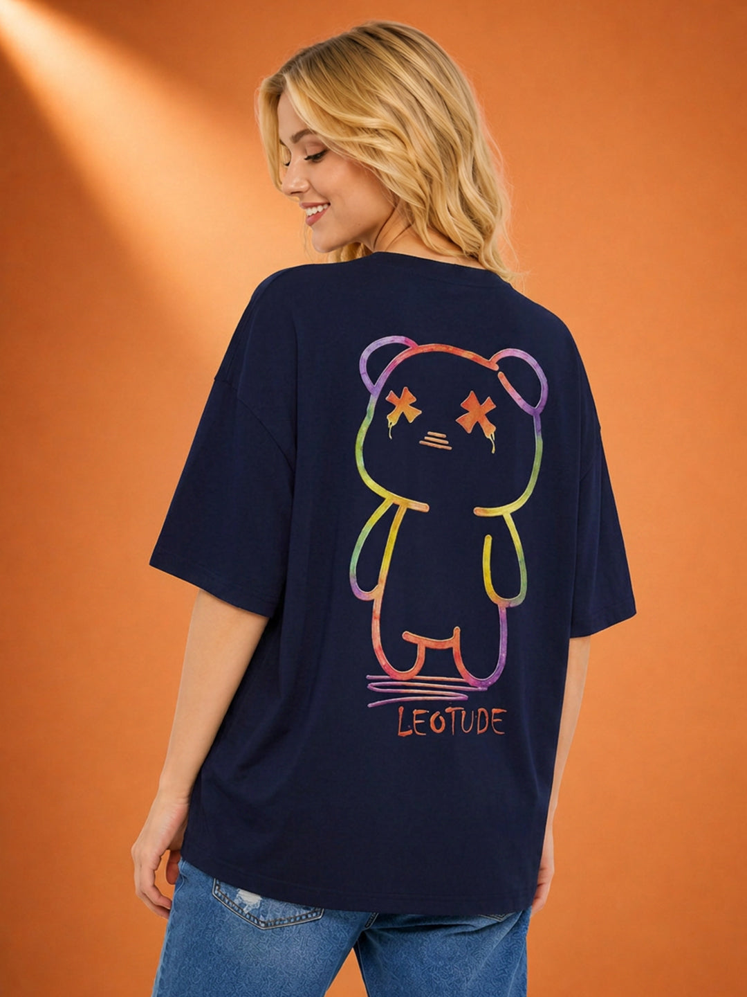 Leotude Navy Teddy Printed Oversized Tshirt for Women