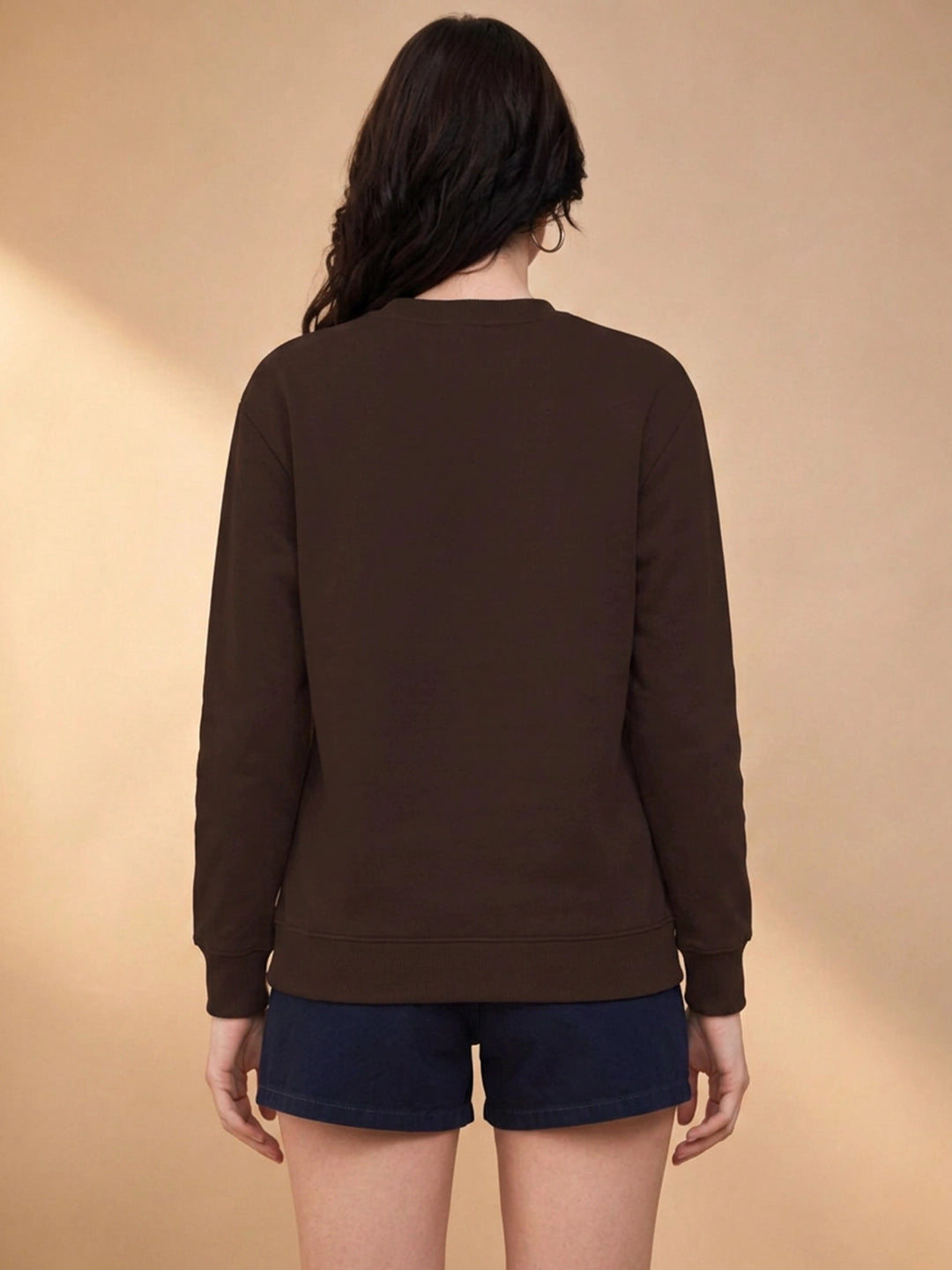 Leotude Women's Solid Brown Round Neck Sweatshirt