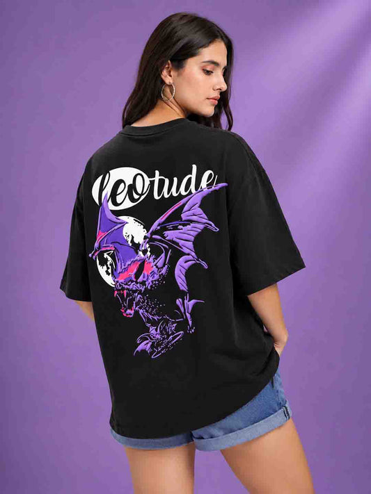 Leotude Women's Black Bat Premium Puff Print T-Shirt