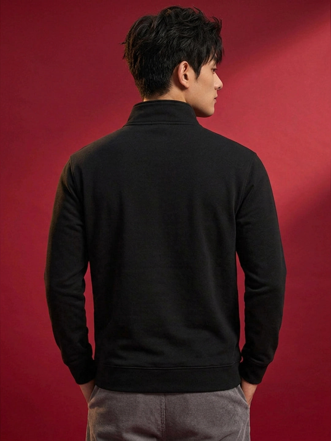 Leotude Black High Neck Half Zipper Sweatshirt for Men