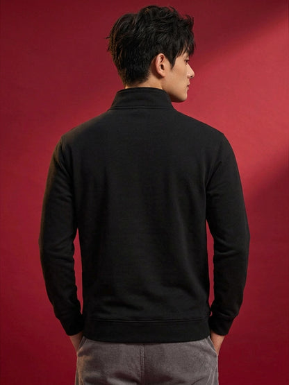 Leotude Black High Neck Half Zipper Sweatshirt for Men