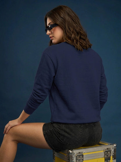 Leotude Women's Solid Navy Blue Round Neck Sweatshirt