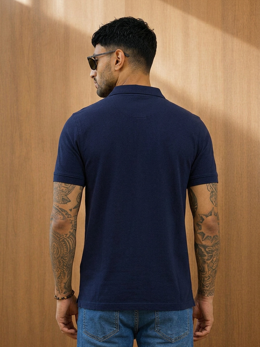 Leotude Men's Navy Grey Red Colour Block Polo T-Shirt