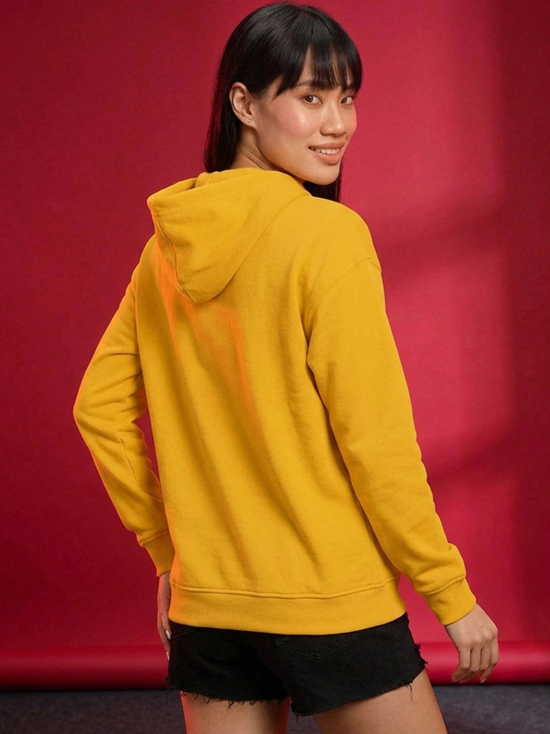 Leotude Women's Mustard Yellow Solid Hooded Sweatshirt