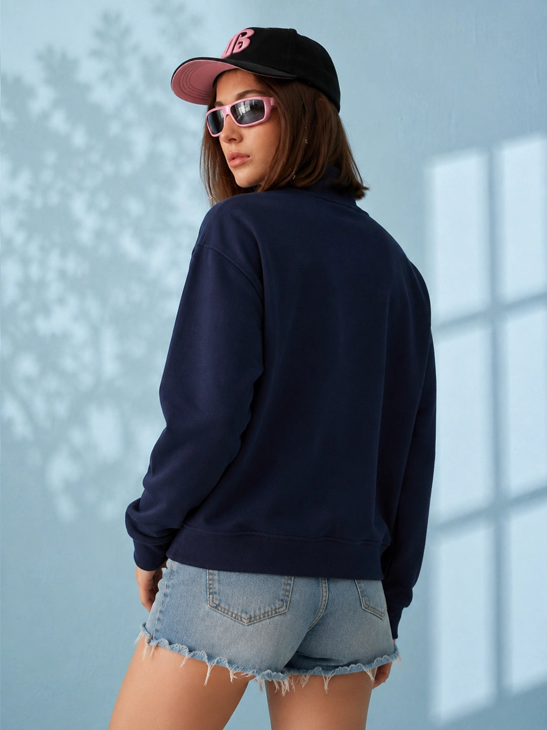 Leotude Women's Solid Navy Blue Half-Zip High Neck Sweatshirt