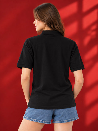 Leotude Women's Black & Grey Colorblocked Polo Neck T-Shirt