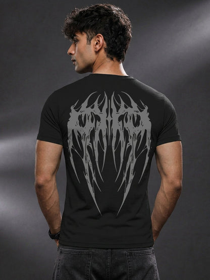 Leotude Black Gothic Wings Printed Regular Fit Tshirt for Men