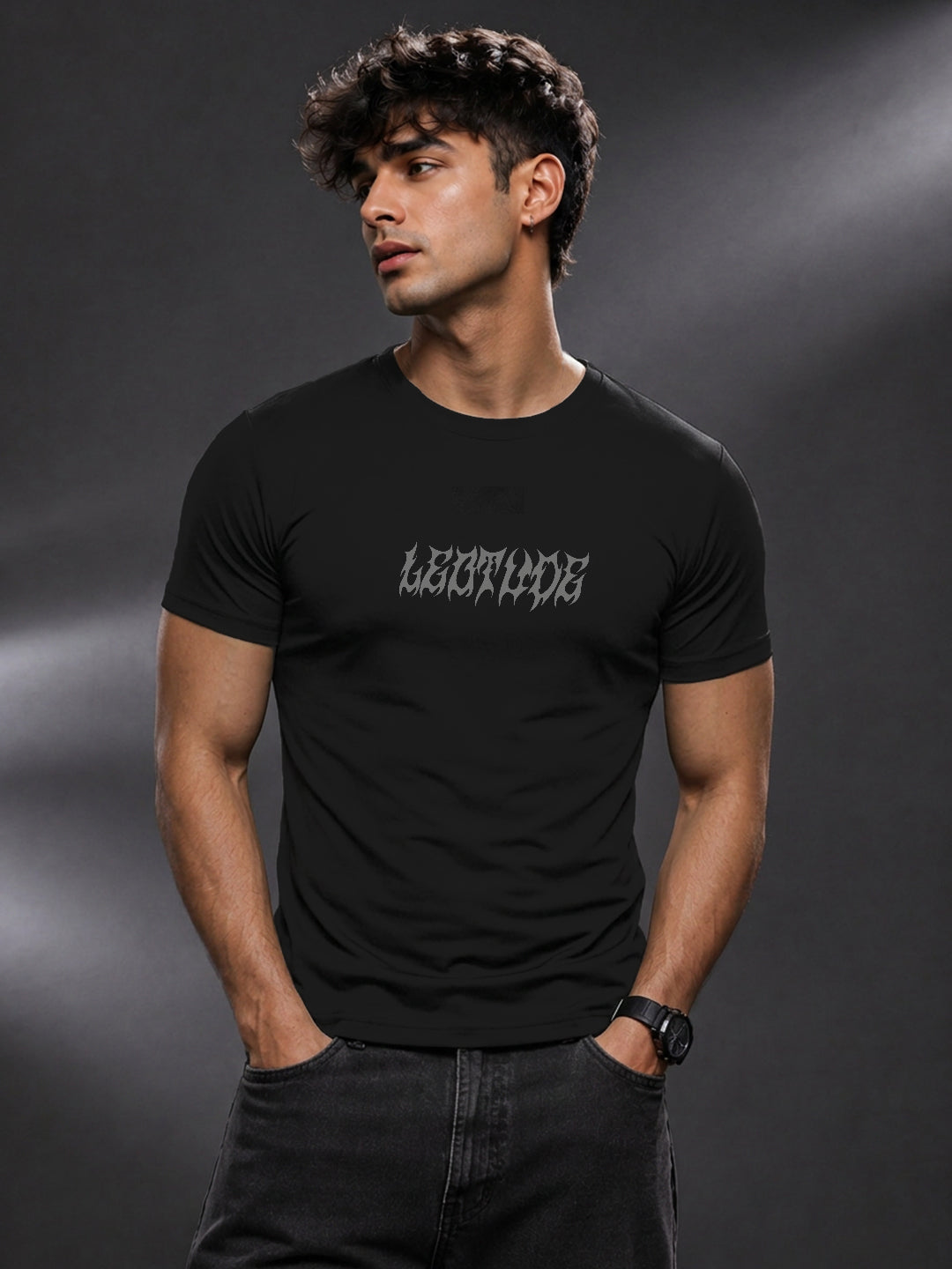 Leotude Black Gothic Wings Printed Regular Fit Tshirt for Men