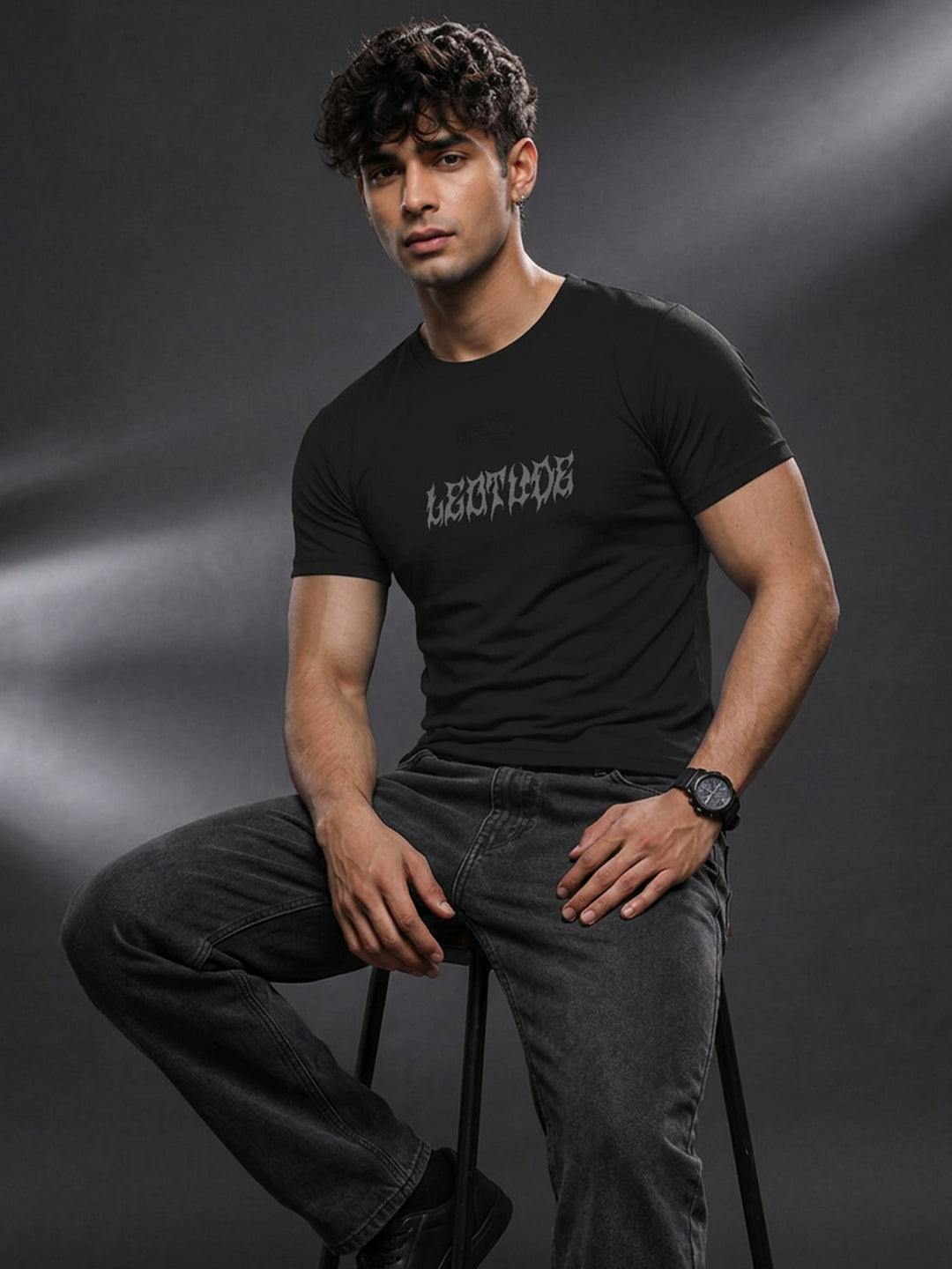 Leotude Black Gothic Wings Printed Regular Fit Tshirt for Men