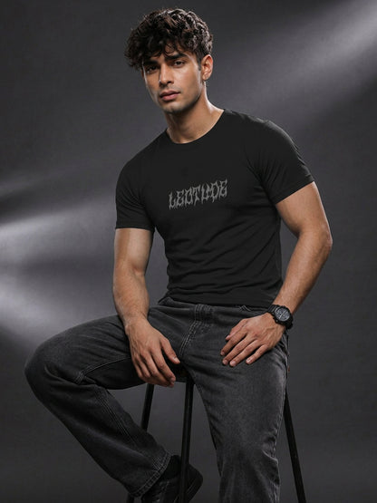 Leotude Black Gothic Wings Printed Regular Fit Tshirt for Men