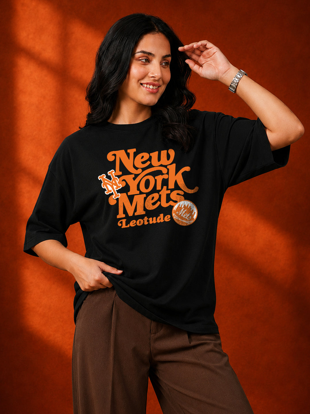 Leotude Women's Black New York Mets Graphic Regular Fit T-Shirt