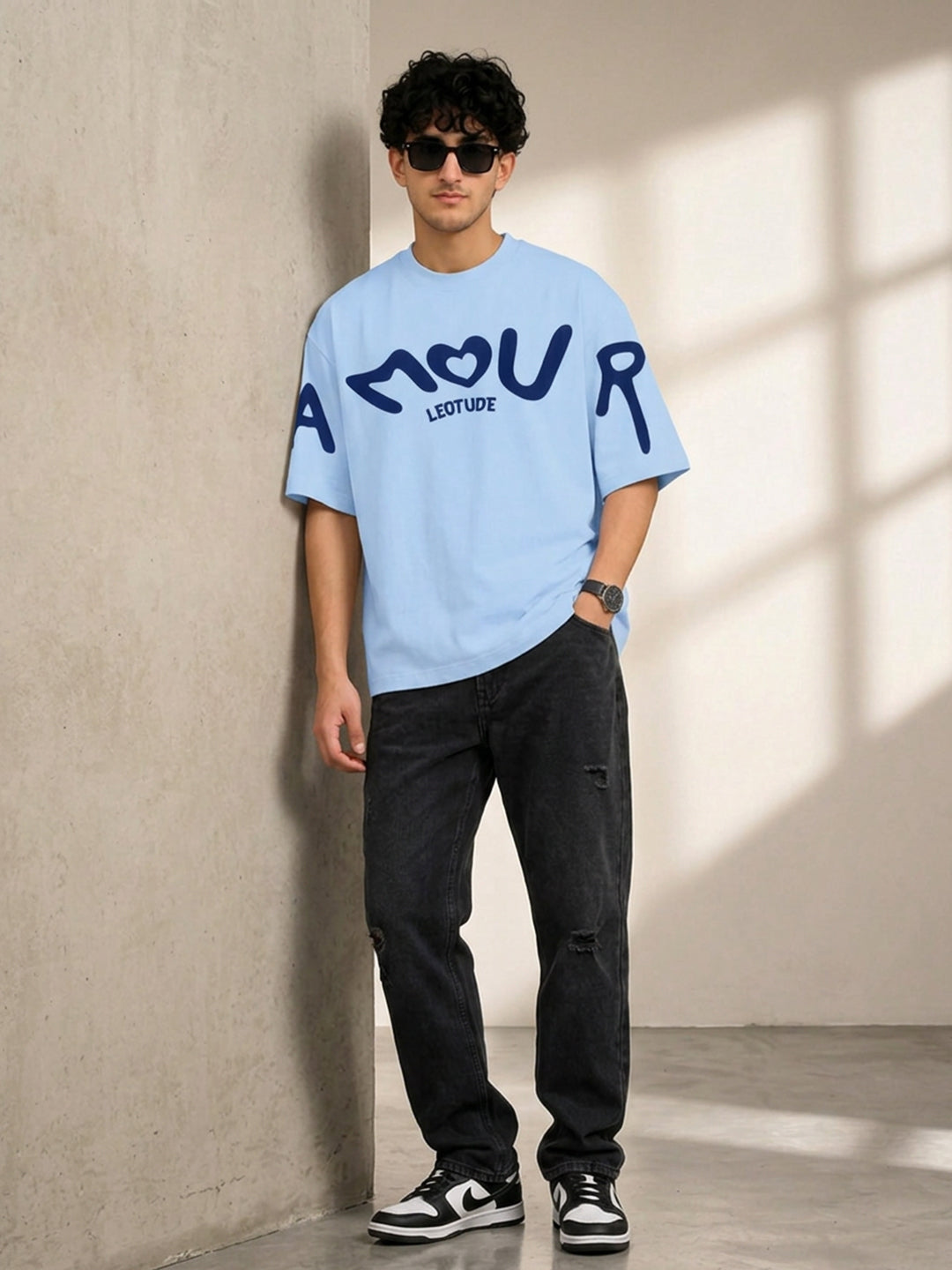 Leotude Aqua Amour Oversized Printed T-Shirt for Men | Half Sleeve Round Neck Casual T-shirt