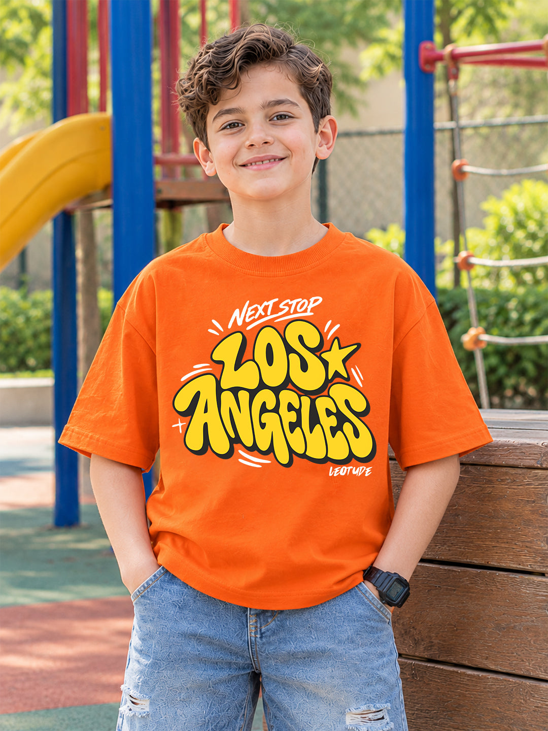 Leotude Boys' Orange Next Stop Los Angeles Printed T-Shirt