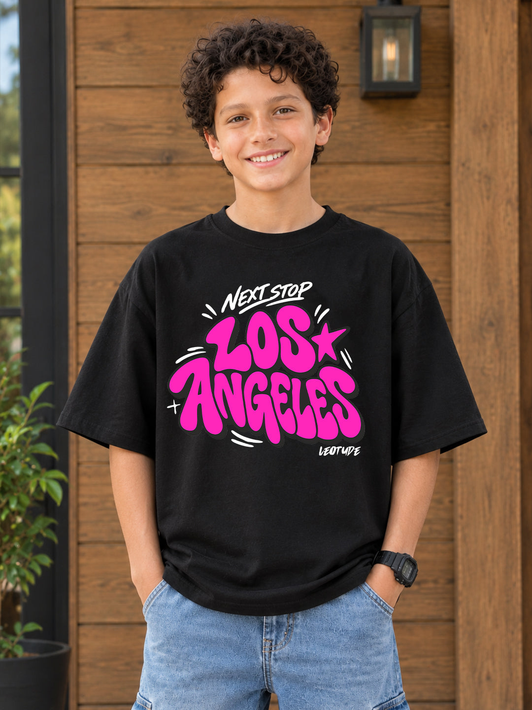 Leotude Boys' Black Next Stop Los Angeles Printed T-Shirt