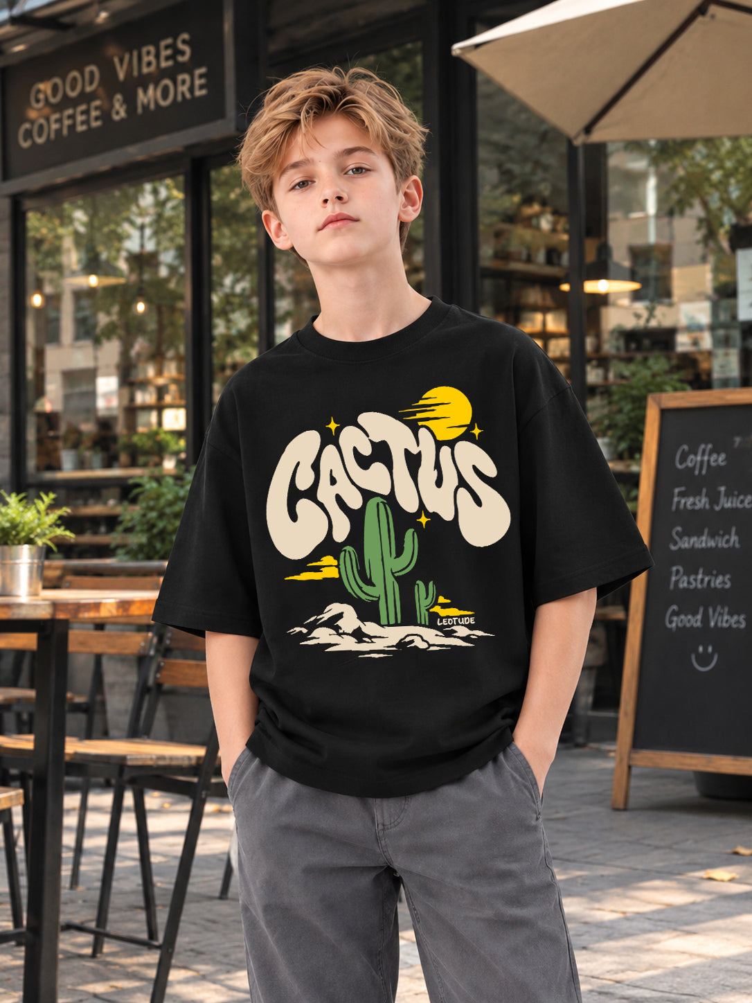 Leotude Boys' Black Cactus Printed T-Shirt