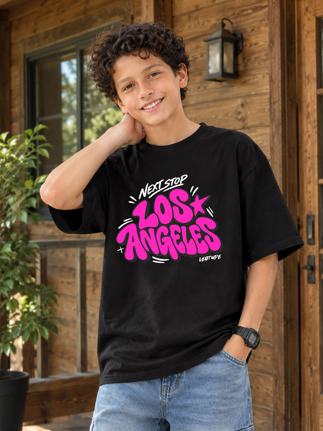 Leotude Boys' Black Next Stop Los Angeles Printed T-Shirt