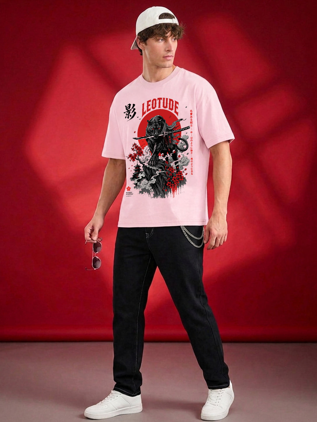 Leotude Men's Samurai Panther Printed T-Shirt — Pink Oversized Graphic Tee