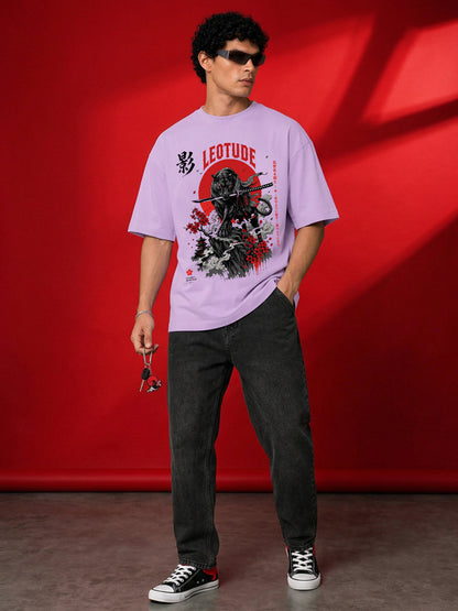 Leotude Men's Samurai Panther Printed T-Shirt — Purple Oversized Graphic Tee