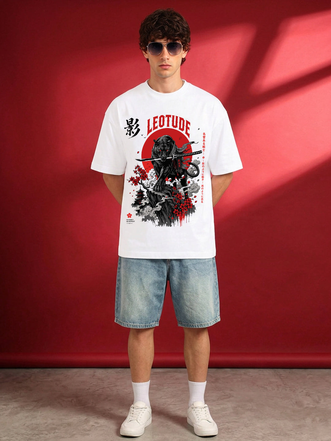 Leotude Men's Samurai Panther Printed T-Shirt — White Oversized Graphic Tee