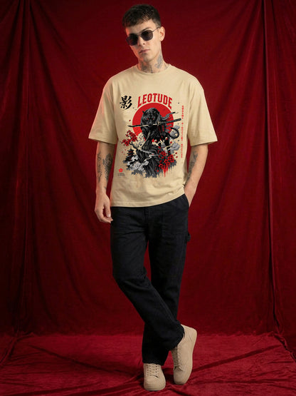 Leotude Men's Samurai Panther Printed T-Shirt — Beige Oversized Graphic Tee