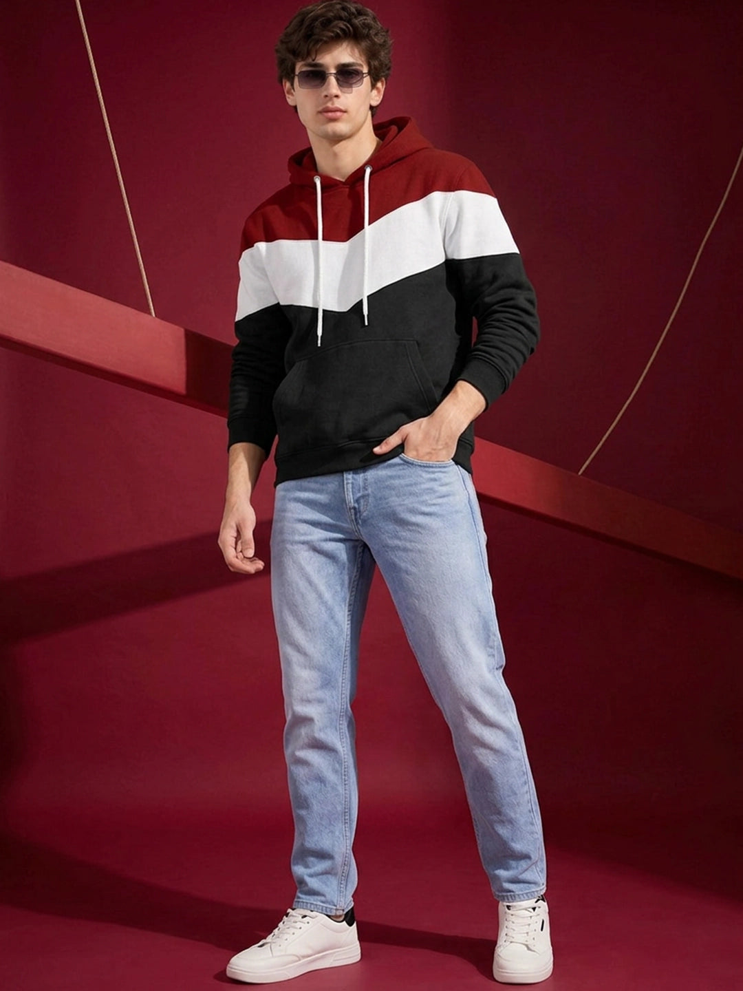 Leotude Maroon White and Black Colorblock Hooded Sweatshirt for Men