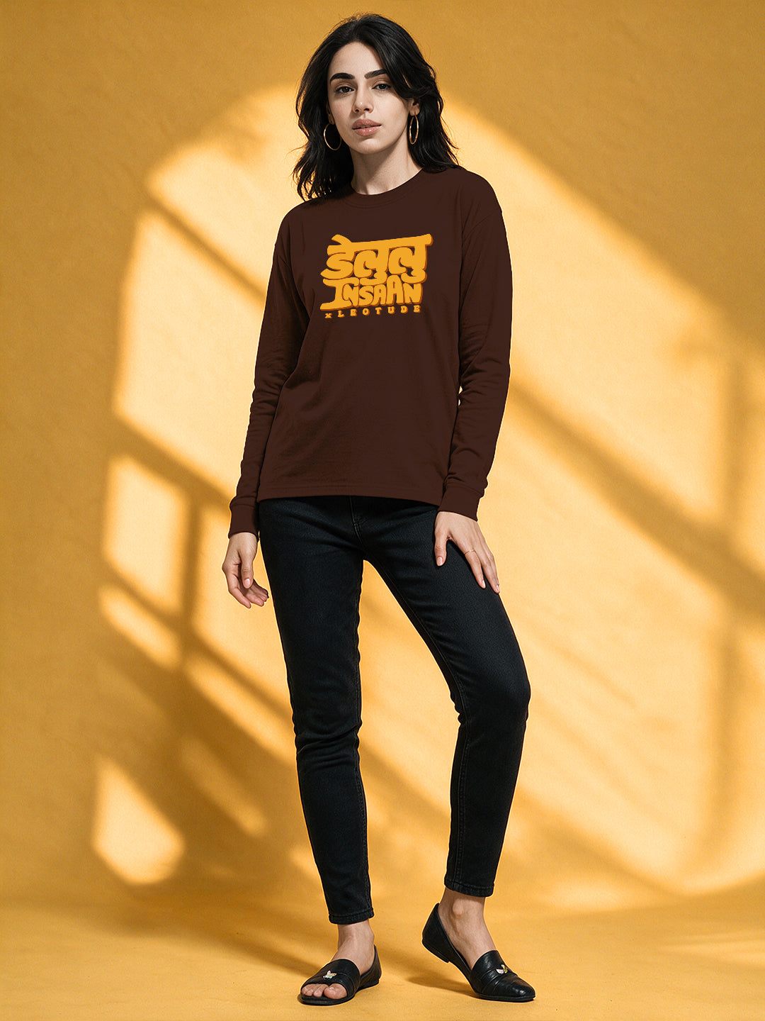 Leotude Women's Brown Delulu Insaan Full Sleeve T-Shirt