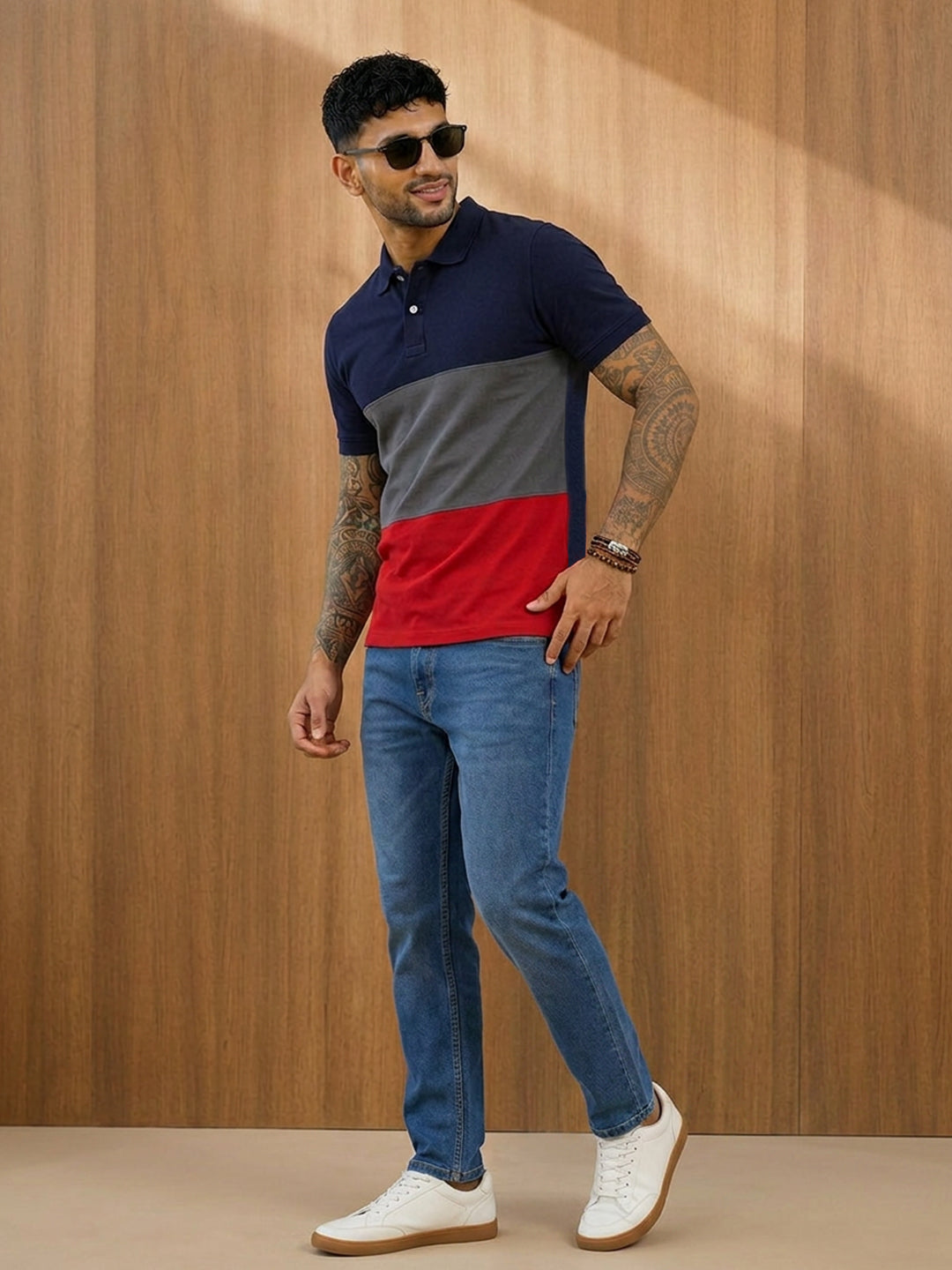 Leotude Men's Navy Grey Red Colour Block Polo T-Shirt