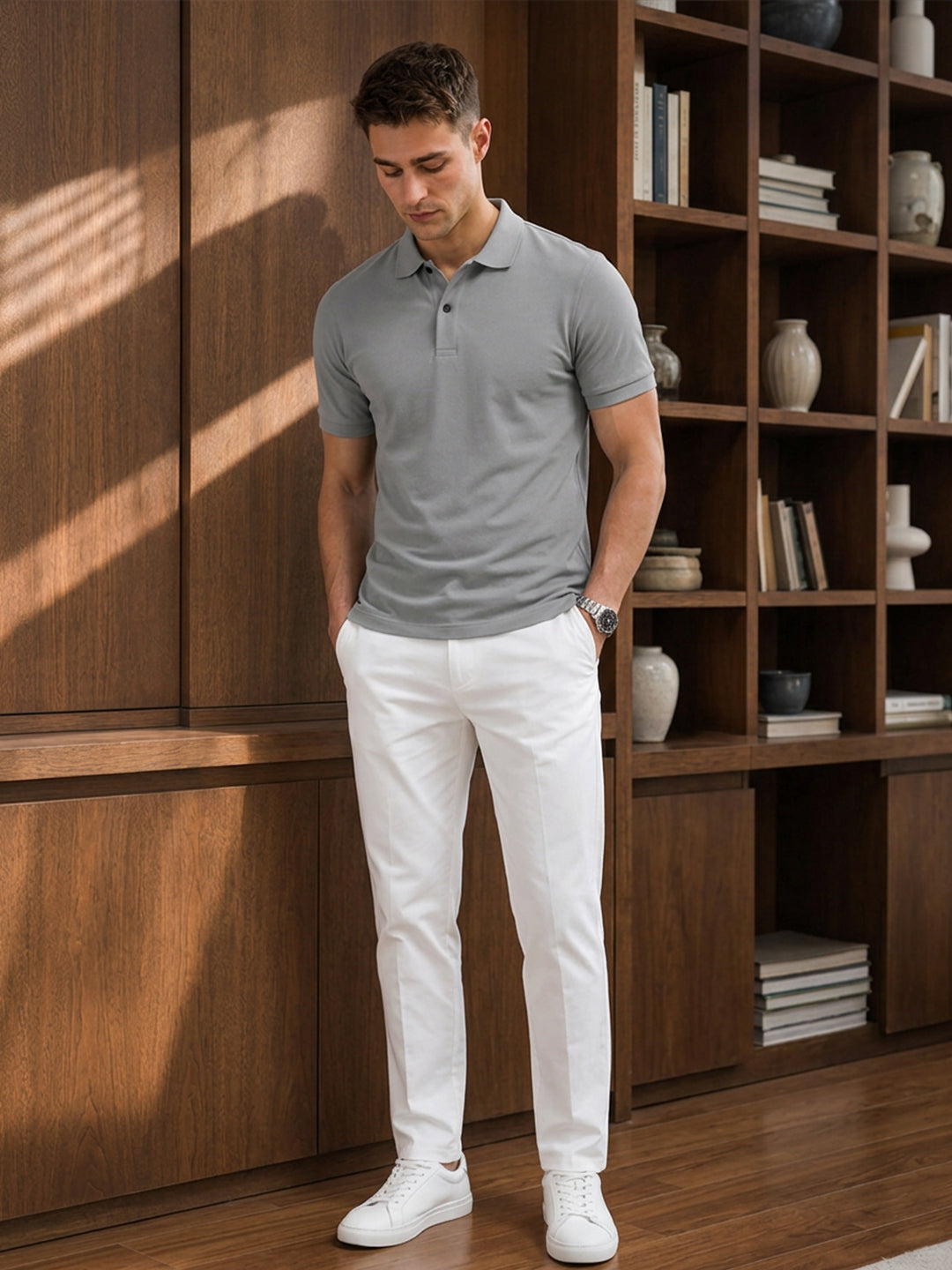 Leotude Men's Grey Solid Polo T-Shirt