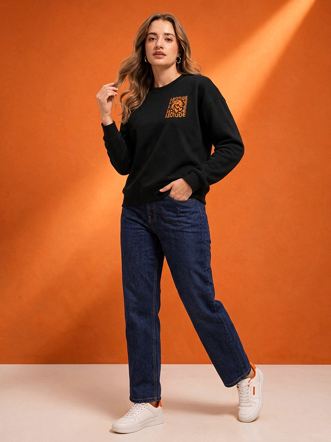 Leotude Women's Black Lion Graphic Chest Printed Sweatshirt