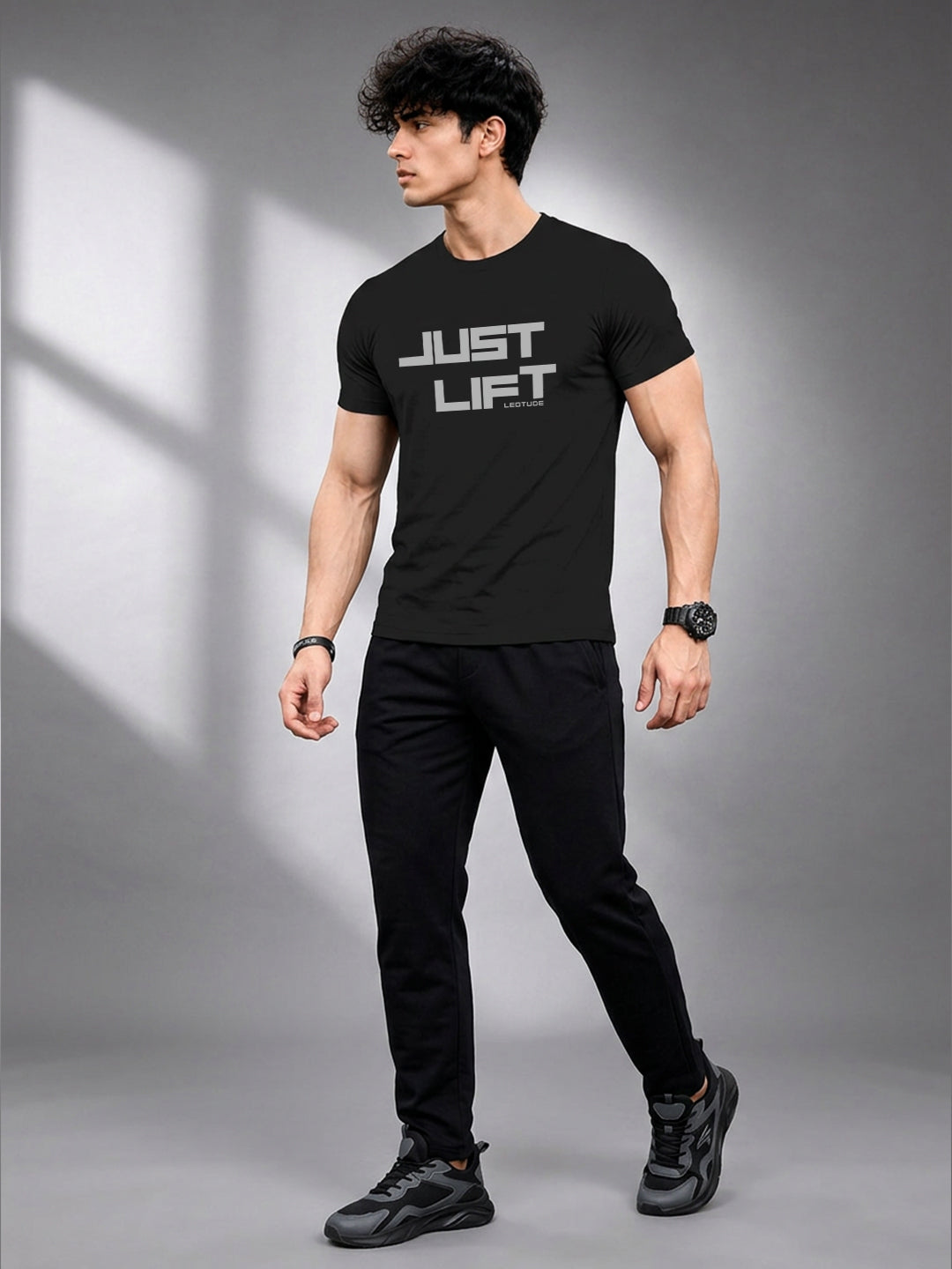 Leotude Black Just Lift Printed Regular Fit Tshirt for Men